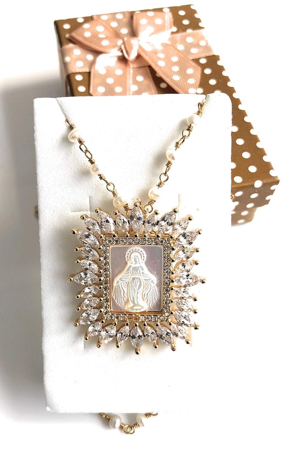 Our Lady Of Grace Mother of Pearl Medal Necklace 17.5 Inches Cultured Pearl Chain