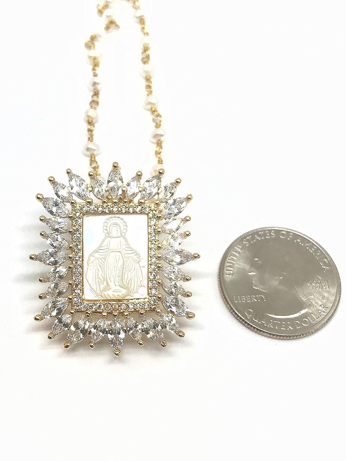 Our Lady Of Grace Mother of Pearl Medal Necklace 17.5 Inches Cultured Pearl Chain