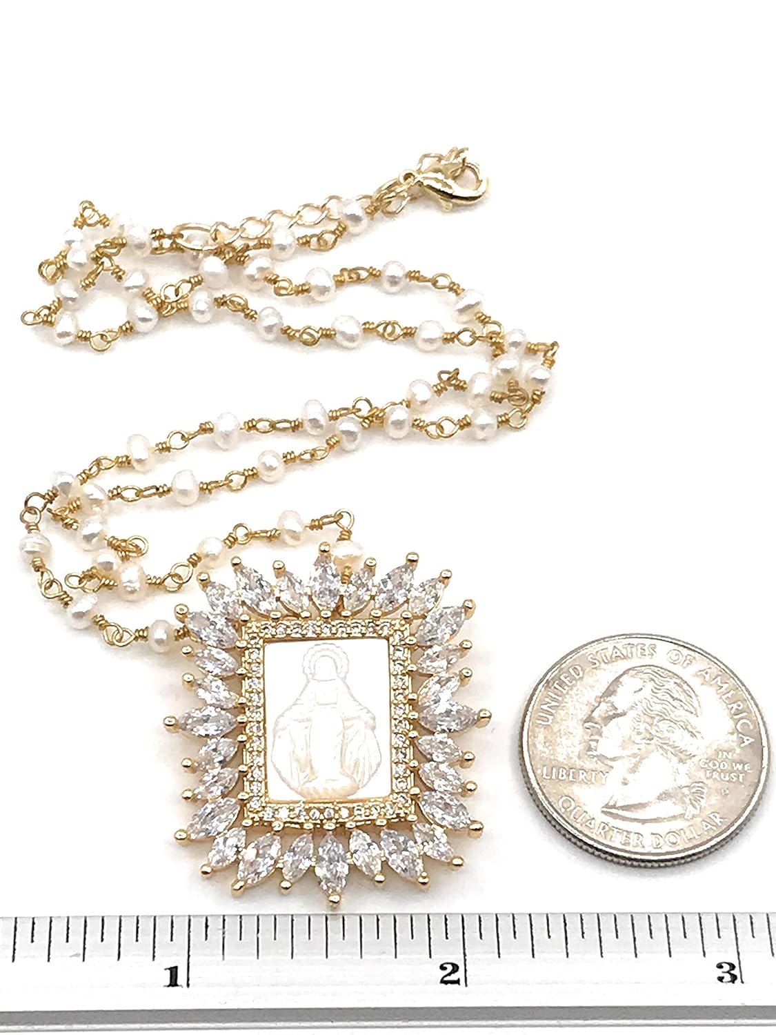 Our Lady Of Grace Mother of Pearl Medal Necklace 17.5 Inches Cultured Pearl Chain