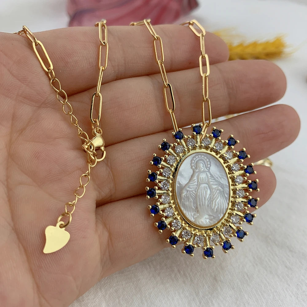 Virgin Mary Colored Halo Pendant Necklace