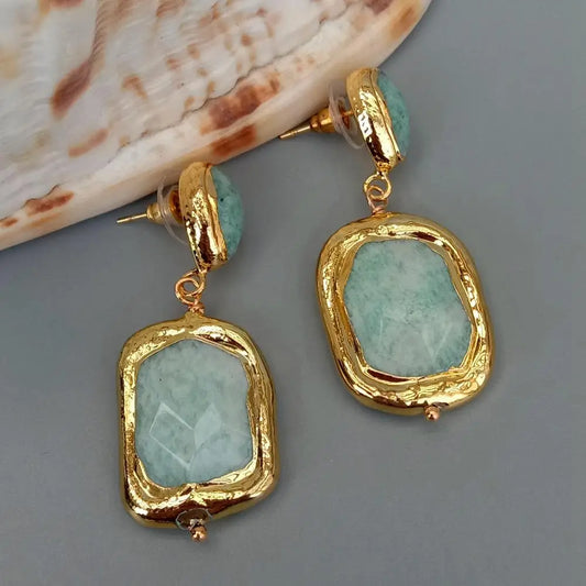 Natural Green Amazonite Rectangle Teardrop Shape gold color plated