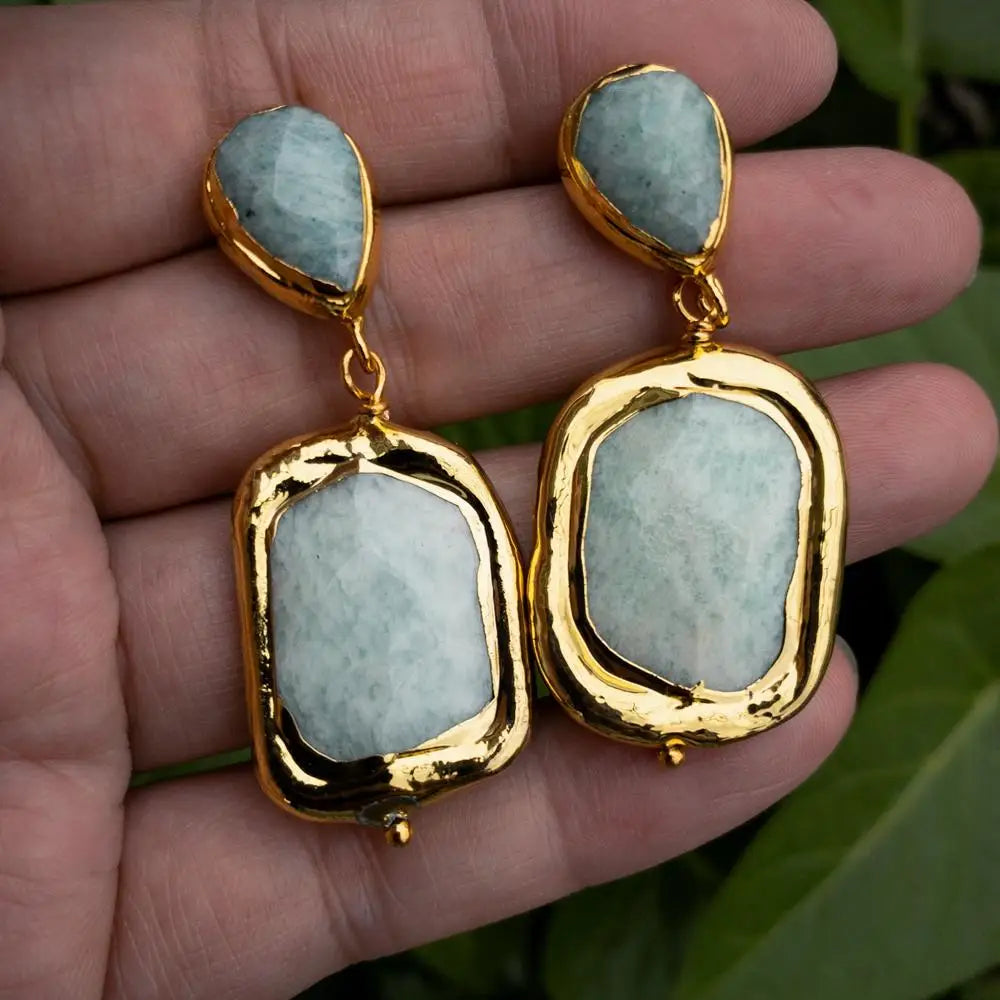 Natural Green Amazonite Rectangle Teardrop Shape gold color plated