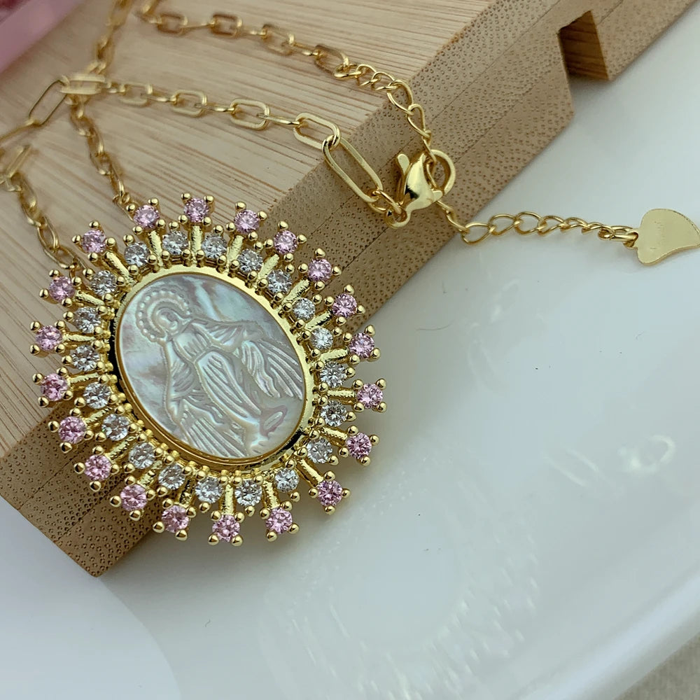 Virgin Mary Colored Halo Pendant Necklace