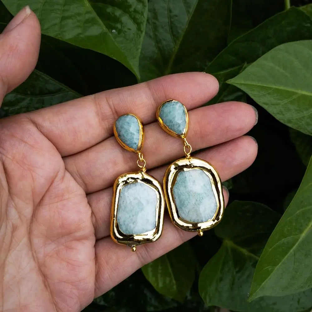 Natural Green Amazonite Rectangle Teardrop Shape gold color plated