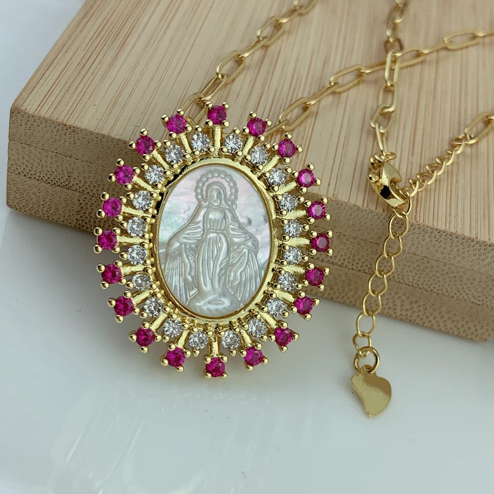 Virgin Mary Colored Halo Pendant Necklace