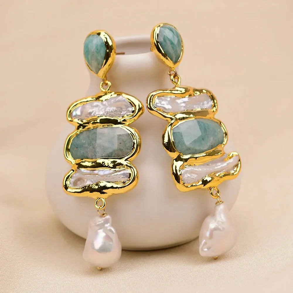 Cultured White Pearl Gold Plated Natural Blue Amazonite Stone Dangle