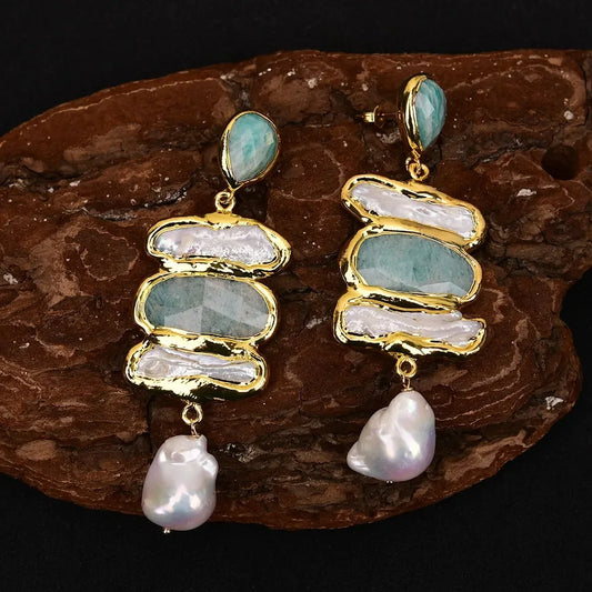 Cultured White Pearl Gold Plated Natural Blue Amazonite Stone Dangle